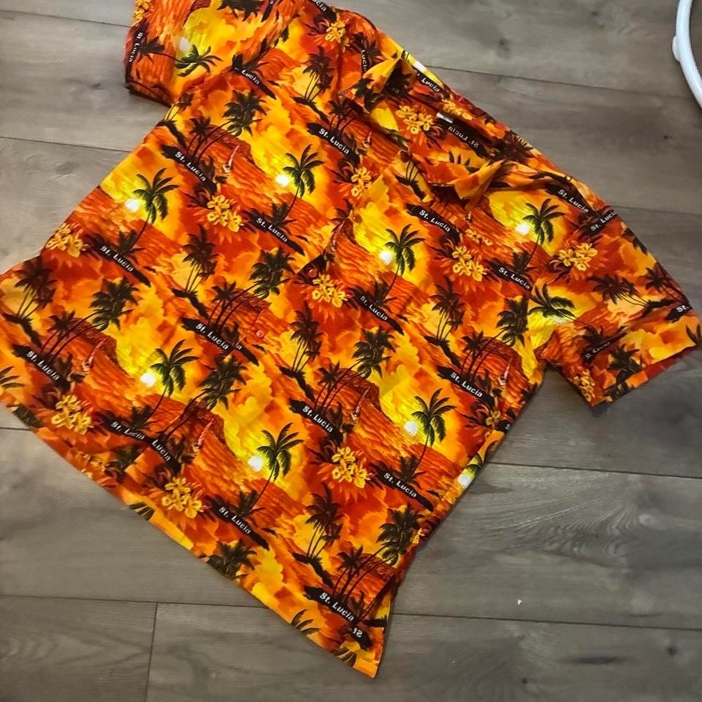 Creations Hawaiian Shirt Mens L Orange New St Lucia Tropical Palm Tree Sunset